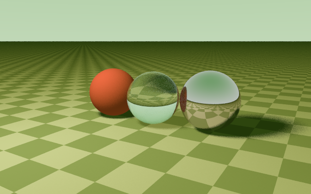 An early frame. Acid green checkerboard, a mint sky, a traffic cone red sphere, and a glass sphere that came out half and half.