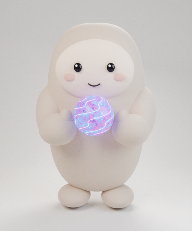 The first Blender render. Right shape, pale colors, feet like eggs, and an orb like a beach ball.