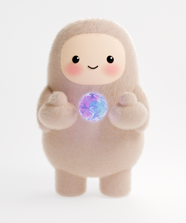The fur pass render on its own. 120,000 strands, downward fall, fuzzy silhouette, volume core in the orb.