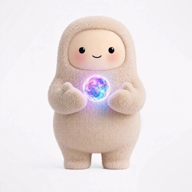 The reference photo. A small furry creature in a hooded suit, holding a glowing orb.