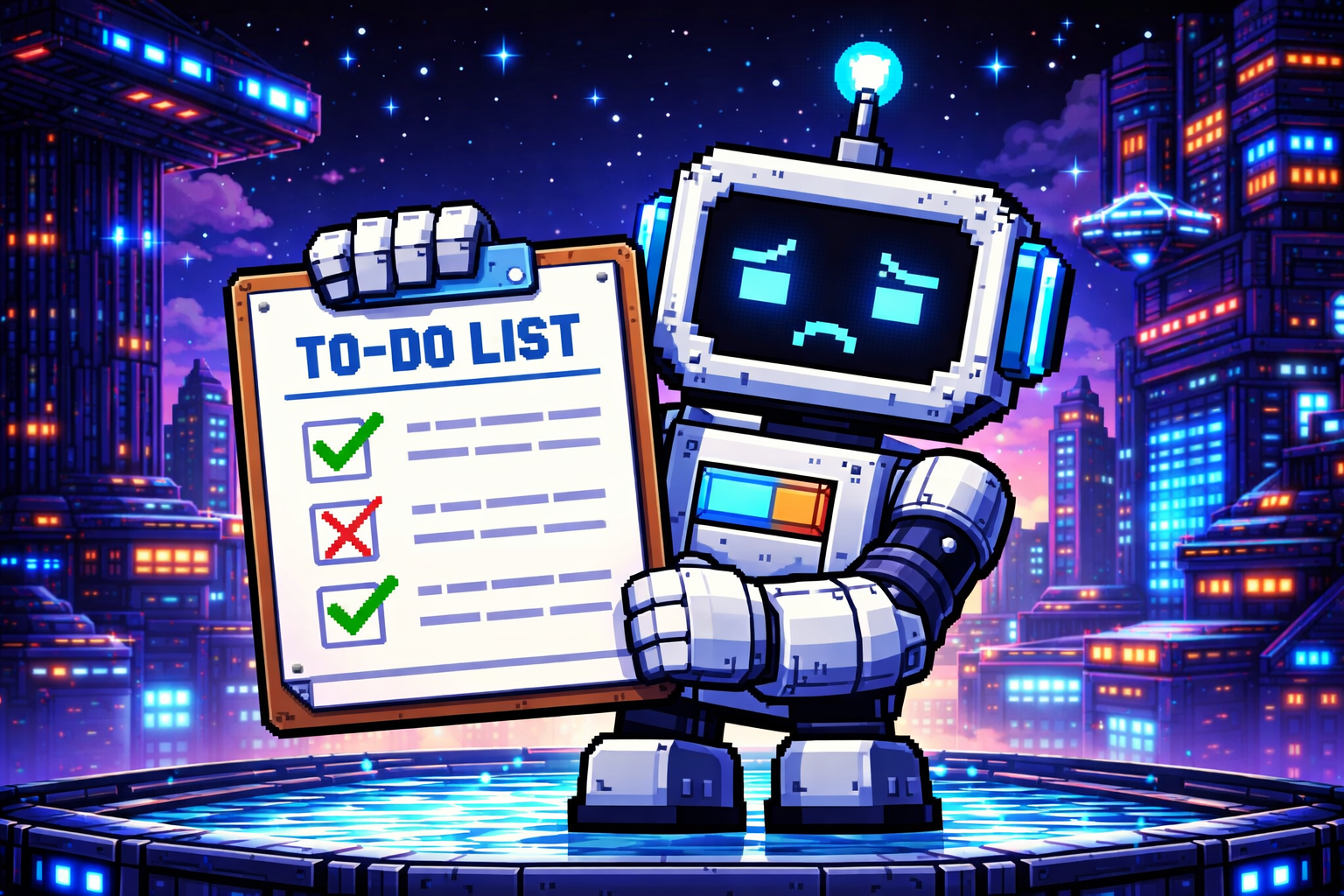 Testing workflow failure! A robot is holding a checklist with a red X on it.